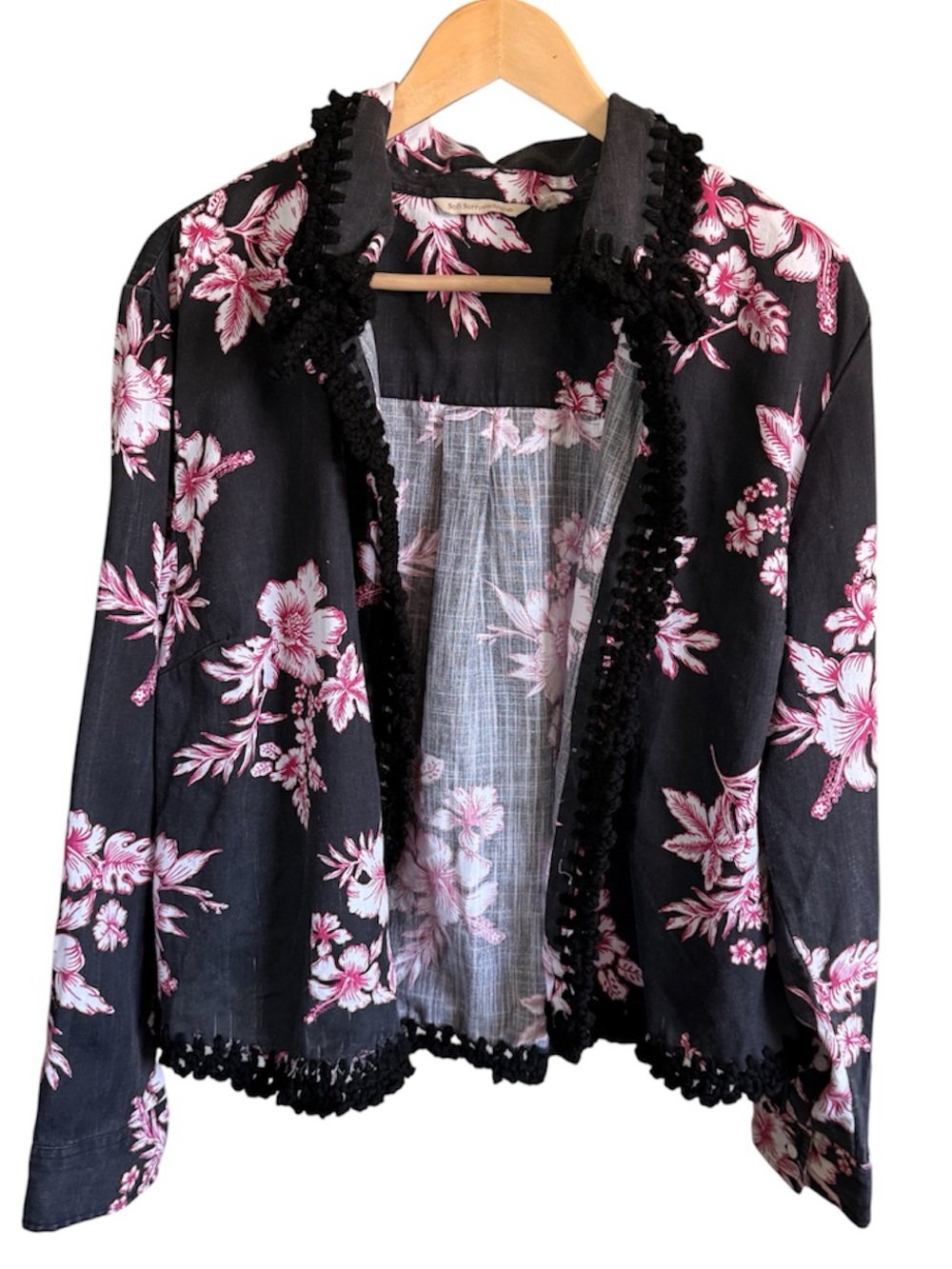 Soft Surroundings Women Island Time Tropical Open Cardigan Floral Pink Black XL